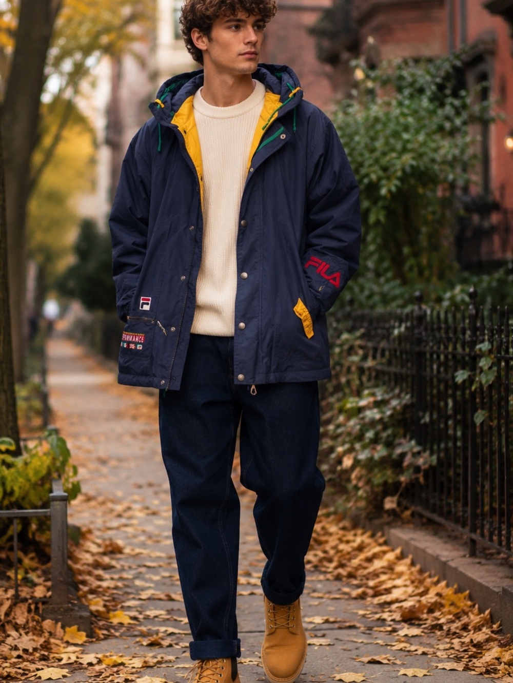 FILA Anorak Cargo Jacket 100% Cotton Parka Rain coat Navy Yellow Sz XL